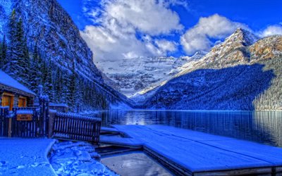Lake Louise, 4k, winter, HDR, Banff, mountains, Alberta, Banff National Park, Canada