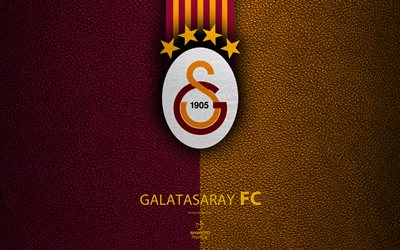 Galatasaray FC, 4k, squadra di calcio turco, texture in pelle, emblema, logo, Super Lig, Istanbul, Turchia, calcio, Campionato di Calcio turco