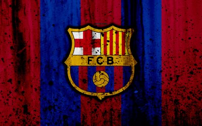 FC Barcelona, 4k, grunge, FCB, UEFA Şampiyonlar Ligi, taş doku, Tekne, futbol, futbol kul&#252;b&#252;, Barcelona, LaLiga, Barcelona FC