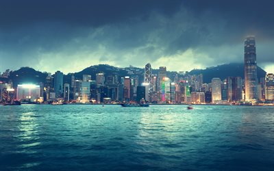 Hong Kong, metropol, skyskrapor, kv&#228;ll, stadsbilden, Kina, stadens ljus