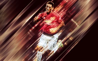 Anthony Martial, 4k, creative art, blades style, Manchester United, French footballer, Premier League, England, MU FC, red creative background, football, Martial
