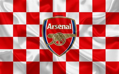 O Arsenal FC, 4k, logo, arte criativa, branco vermelho bandeira quadriculada, Clube de futebol ingl&#234;s, Premier League, emblema, textura de seda, Londres, Reino Unido, Inglaterra, Arsenal De Londres