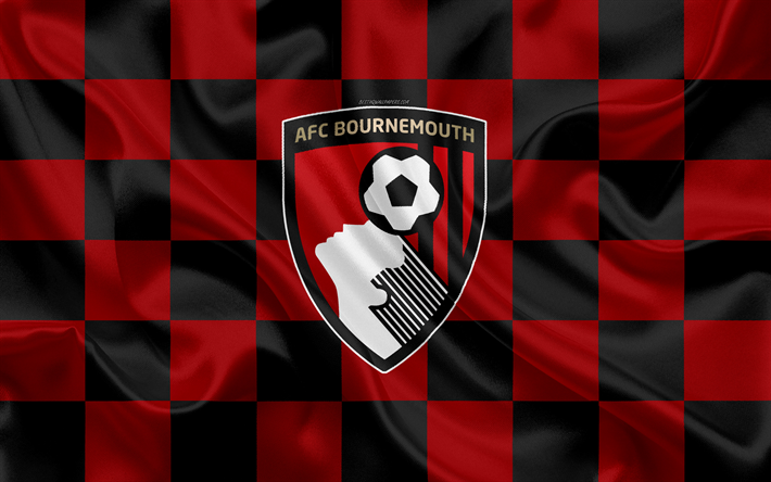 AFC Bournemouth, AFCB, 4k, logo, yaratıcı sanat, siyah kırmızı damalı bayrağı, İngiliz Futbol Kul&#252;b&#252;, İngiltere Premier Ligi, amblem, ipek doku, Bournemouth, İngiltere