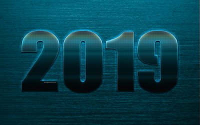 2019 year, blue creative digits, blue metal background, 2019 concepts, blue metal numbers, creative art, New Year, metal texture