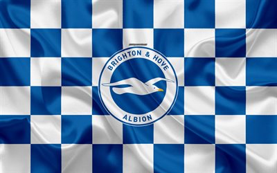 Brighton e Hove Albion FC, 4k, logo, arte criativa, azul e branco da bandeira quadriculada, Clube de futebol ingl&#234;s, Premier League, emblema, textura de seda, Brighton e Hove, Reino Unido, Inglaterra