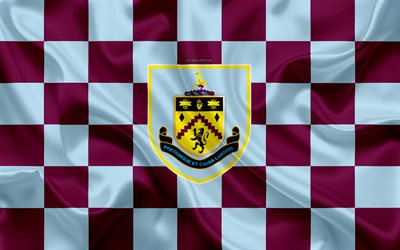 Burnley FC, 4k, logo, creative art, blue burgundy checkered flag, English football club, Premier League, emblem, silk texture, Burnley, UK, England