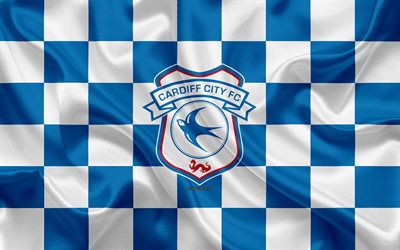 Cardiff City FC, 4k, logo, art cr&#233;atif, bleu, blanc, drapeau &#224; damier, gallois, club de football, Premier League, soie, texture, Cardiff, royaume-Uni, Angleterre