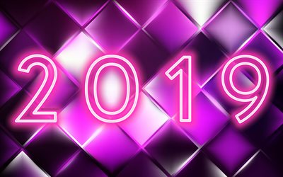 4k, 2019 o ano, pra&#231;a de fundo, criativo, fundo roxo, 2019 conceitos, neon d&#237;gitos, Feliz Ano Novo 2019
