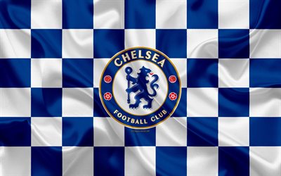 Le Chelsea FC, 4k, logo, art cr&#233;atif, bleu et blanc drapeau &#224; damier, club de football anglais de Premier League, embl&#232;me, Chelsea, soie, texture, Londres, Royaume-Uni, Angleterre