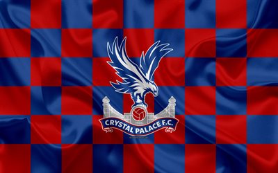 Crystal Palace FC, 4k, شعار, الفنون الإبداعية, الأحمر الأزرق العلم متقلب, الإنجليزية لكرة القدم, الدوري الممتاز, نسيج الحرير, لندن, المملكة المتحدة, إنجلترا