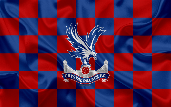 Crystal Palace FC, 4k, logo, creative art, punainen sininen ruudullinen lippu, Englannin football club, Premier League, tunnus, silkki tekstuuri, Lontoo, Yhdistynyt Kuningaskunta, Englanti
