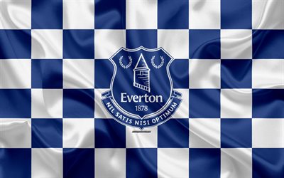 Everton FC, 4k, logo, art cr&#233;atif, blanc bleu drapeau &#224; damier, club de football anglais de Premier League, embl&#232;me de la, soie, texture, Liverpool, royaume-Uni, Angleterre