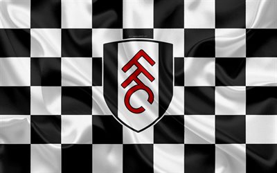 Fulham FC, 4k, logo, arte criativa, preto branco bandeira quadriculada, Clube de futebol ingl&#234;s, Premier League, emblema, textura de seda, Fulham, Londres, Reino Unido, Inglaterra