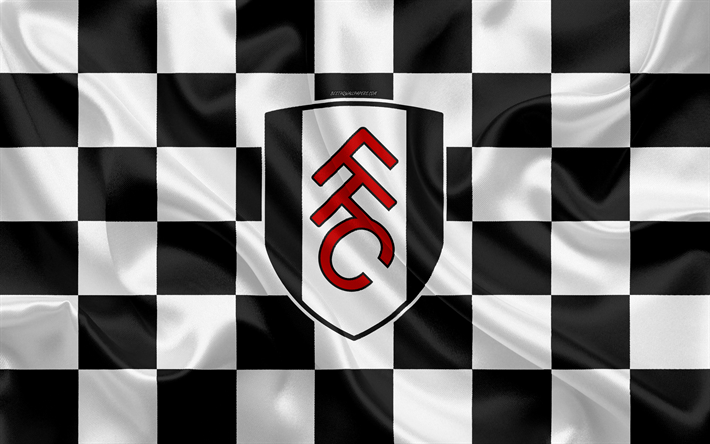 Fulham FC, 4k, logo, art cr&#233;atif, blanc noir drapeau &#224; damier, club de football anglais de Premier League, embl&#232;me de la, soie, texture, Fulham, Londres, Royaume-Uni, Angleterre