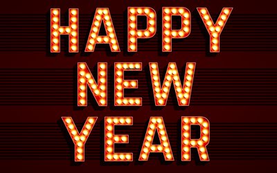 Ampulleri Yeni yılınız kutlu olsun, yaratıcı sanat, 4k, eski ampuller, 2019, bordo arka plan, harfler, Yeni Yıl