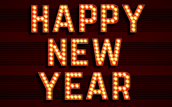 Felice Anno Nuovo, creativo, arte, 4k, retr&#242;, lampadine, 2019, borgogna, sfondo, lettere da lampadine, un Nuovo Anno