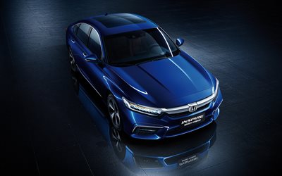 Honda İlham Spor Hibrid, 2018, mavi sedan, &#220;stten G&#246;r&#252;n&#252;m, yeni arabalar, Japon arabaları, Honda