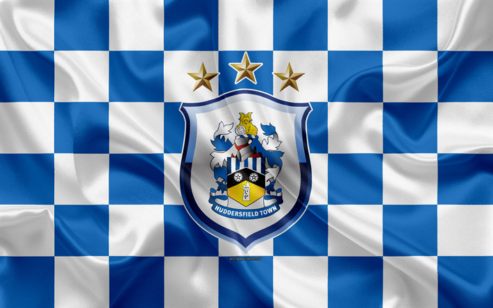 هدرسفيلد تاون FC, 4k, شعار, الفنون الإبداعية, الأزرق الأبيض متقلب العلم, الإنجليزية لكرة القدم, الدوري الممتاز, نسيج الحرير, هدرسفيلد, المملكة المتحدة, إنجلترا