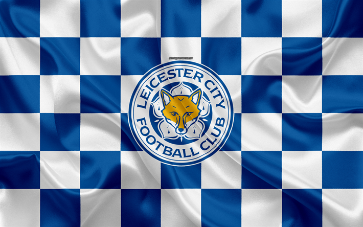 Leicester City FC, LCFC, 4k, logo, creative art, blue and white checkered flag, English football club, Premier League, emblem, silk texture, Leicester, UK, England
