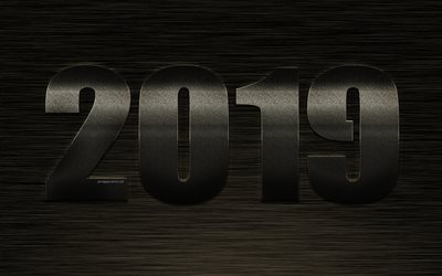 2019 o ano, Ano Novo, elegante n&#250;meros, marrom metal de fundo, a&#231;o textura, 2019 conceitos, arte criativa