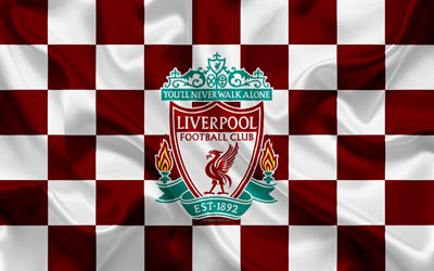 Liverpool FC, 4k, logo, art cr&#233;atif, bourgogne blanc drapeau &#224; damier, club de football anglais de Premier League, embl&#232;me de la, soie, texture, Liverpool, royaume-Uni, Angleterre