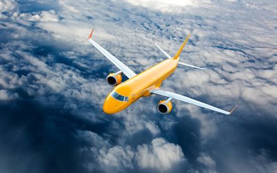 4k, yellow plane, sky, clouds, private jet, flying plane