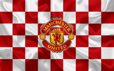Manchester United FC, 4k, logo, yaratıcı sanat, MU FC, kırmızı beyaz damalı bayrak, İngiliz Futbol Kul&#252;b&#252;, İngiltere Premier Ligi, amblem, ipek doku, Stretford, Manchester, İngiltere