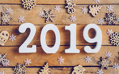 2019 year, snowflakes, creative, 2019 concepts, wooden background, Happy New Year 2019, white digits