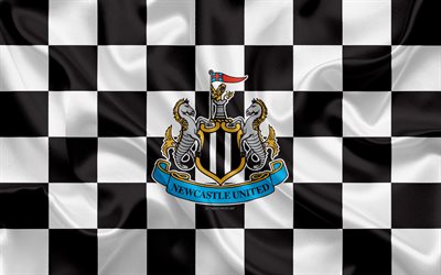 O Newcastle United FC, 4k, logo, arte criativa, preto e branco bandeira quadriculada, Clube de futebol ingl&#234;s, Premier League, emblema, textura de seda, Newcastle upon Tyne, Reino Unido, Inglaterra