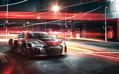 Audi R8 LMS, noite, rua, 2019 carros, sem&#225;foros, carros de corrida, supercarros, ajuste, Audi