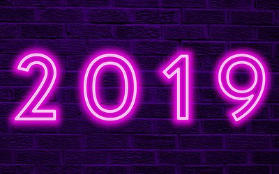 4k, 2019 year, purple background, creative, purple wall, 2019 concepts, neon digits, Happy New Year 2019, brick wall