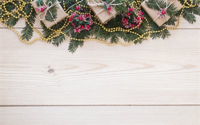 Natal, madeira de luz de fundo, presentes, &#225;rvore, textura de madeira, Ano Novo, ouro garland, Natal de fundo madeira