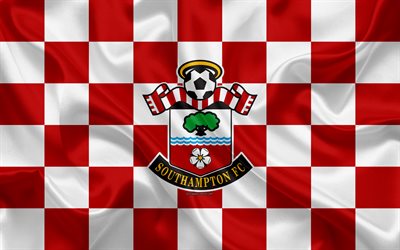 Southampton FC, 4k, logo, yaratıcı sanat, kırmızı-beyaz damalı bayrak, İngiliz Futbol Kul&#252;b&#252;, İngiltere Premier Ligi, amblem, ipek doku, Southampton, İNGİLTERE, İngiltere