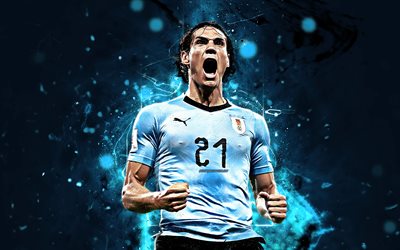 Edinson Cavani, goal, Uruguay National Team, joy, abstract art, Cavani, soccer, footballers, neon lights, Uruguayan football team