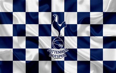 Tottenham Hotspur FC, 4k, logo, creative art, black and white checkered flag, English football club, Premier League, emblem, silk texture, London, United Kingdom, England, Tottenham