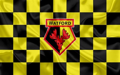 Watford FC, 4k, logotipo, arte creativo, negro y amarillo de la bandera a cuadros, el club de f&#250;tbol ingl&#233;s, la Premier League, el emblema, la seda, la textura, el Watford, Inglaterra, reino unido