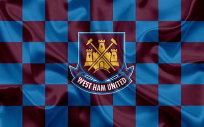 West Ham United FC, 4k, logo, creative art, sininen viininpunainen ruudullinen lippu, Englannin football club, Premier League, tunnus, silkki tekstuuri, Stratford, Yhdistynyt Kuningaskunta, Englanti