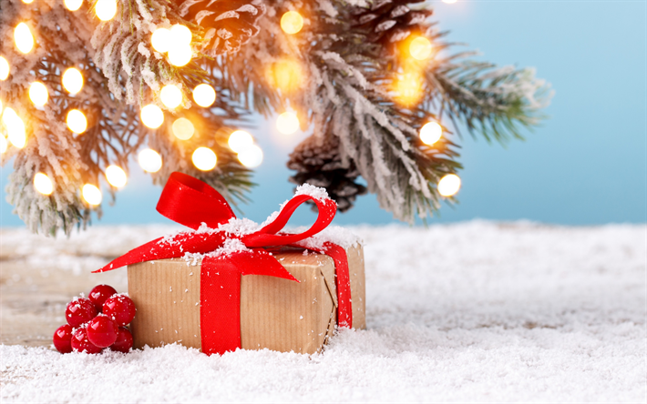 Noel ağacı, fenerler, garland, kar, kış, Yeni Yıl, hediyeler, Noel