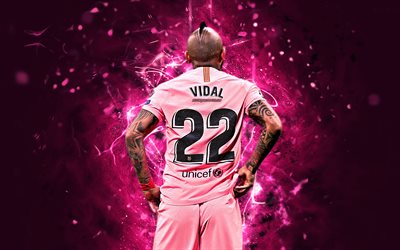 Arturo Vidal, roxo uniforme, O Barcelona FC, jogadores chilenos, A Liga, Vidal, Barca, luzes de neon, futebol, LaLiga