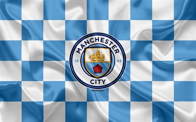 Il Manchester City FC, 4k, logo, creativo, arte, bianco e blu, bandiera a scacchi, il club di calcio inglese, la Premier League, emblema, seta, texture, Manchester, Regno Unito, Inghilterra, Man City FC