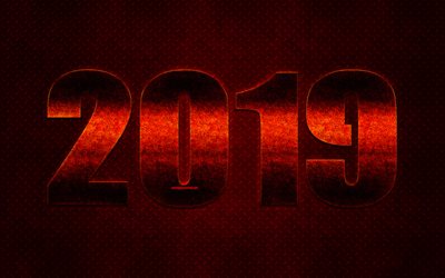 2019 year, red metal digits, New Year, metalic texture, creative art, 2019 concepts, steel numbers