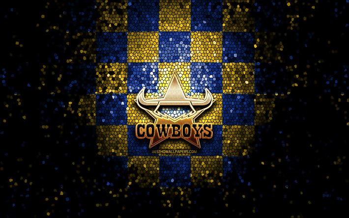 NQ Cowboys, logo scintillant, NRL, fond &#224; carreaux bleu jaune, rugby, club de rugby australien, logo NQ Cowboys, mosa&#239;que, National Rugby League