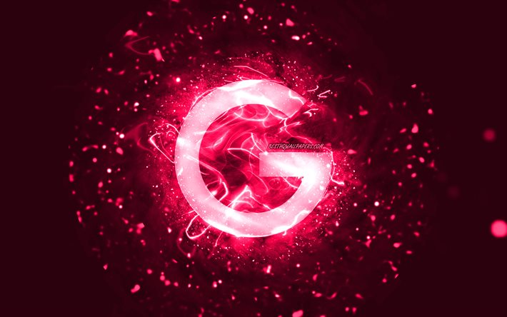 Google pink logo, 4k, pink neon lights, creative, pink abstract background, Google logo, brands, Google