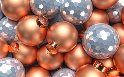 4k, Golden Christmas balls, New Year, Christmas, Silver Christmas balls, background with Christmas balls