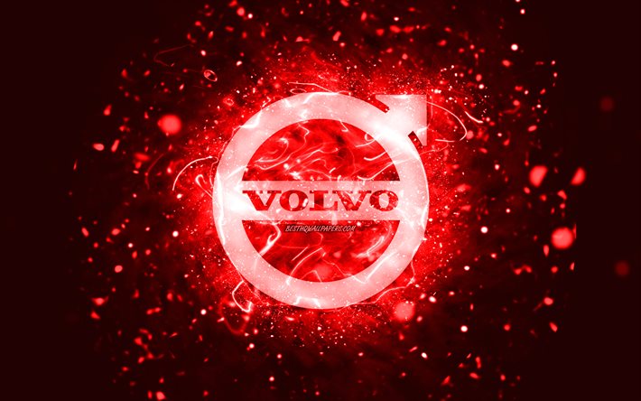 Volvo red logo, 4k, red neon lights, creative, red abstract background, Volvo logo, cars brands, Volvo