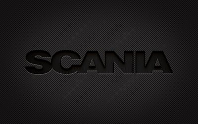 Scania karbon logosu, 4k, grunge sanat, karbon arka plan, yaratıcı, Scania siyah logo, araba markaları, Scania logosu, Scania
