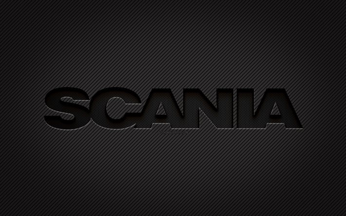 Logo Scania in carbonio, 4k, arte grunge, sfondo in carbonio, creativo, logo nero Scania, marchi automobilistici, logo Scania, Scania