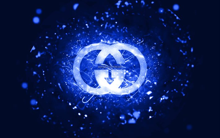 Gucci dark blue logo, 4k, dark blue neon lights, creative, dark blue abstract background, Gucci logo, brands, Gucci