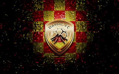 Damac FC, parıltılı logo, Suudi Profesyonel Ligi, kırmızı sarı damalı arka plan, futbol, Suudi futbol kul&#252;b&#252;, Damac FC logosu, mozaik sanatı, FC Damac