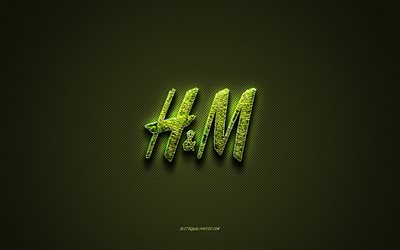 HM-logotyp, gr&#246;n kreativ logotyp, blommig konstlogotyp, HM-emblem, gr&#246;n kolfiberstruktur, HM, kreativ konst